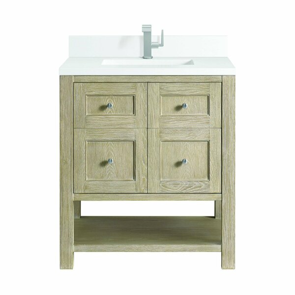 James Martin Vanities 30'' Single Vanity, Whitewashed Oak w/ Single Hole 3CM White Zeus Quartz Top & Backsplash 330-V30-WWO-1WZ